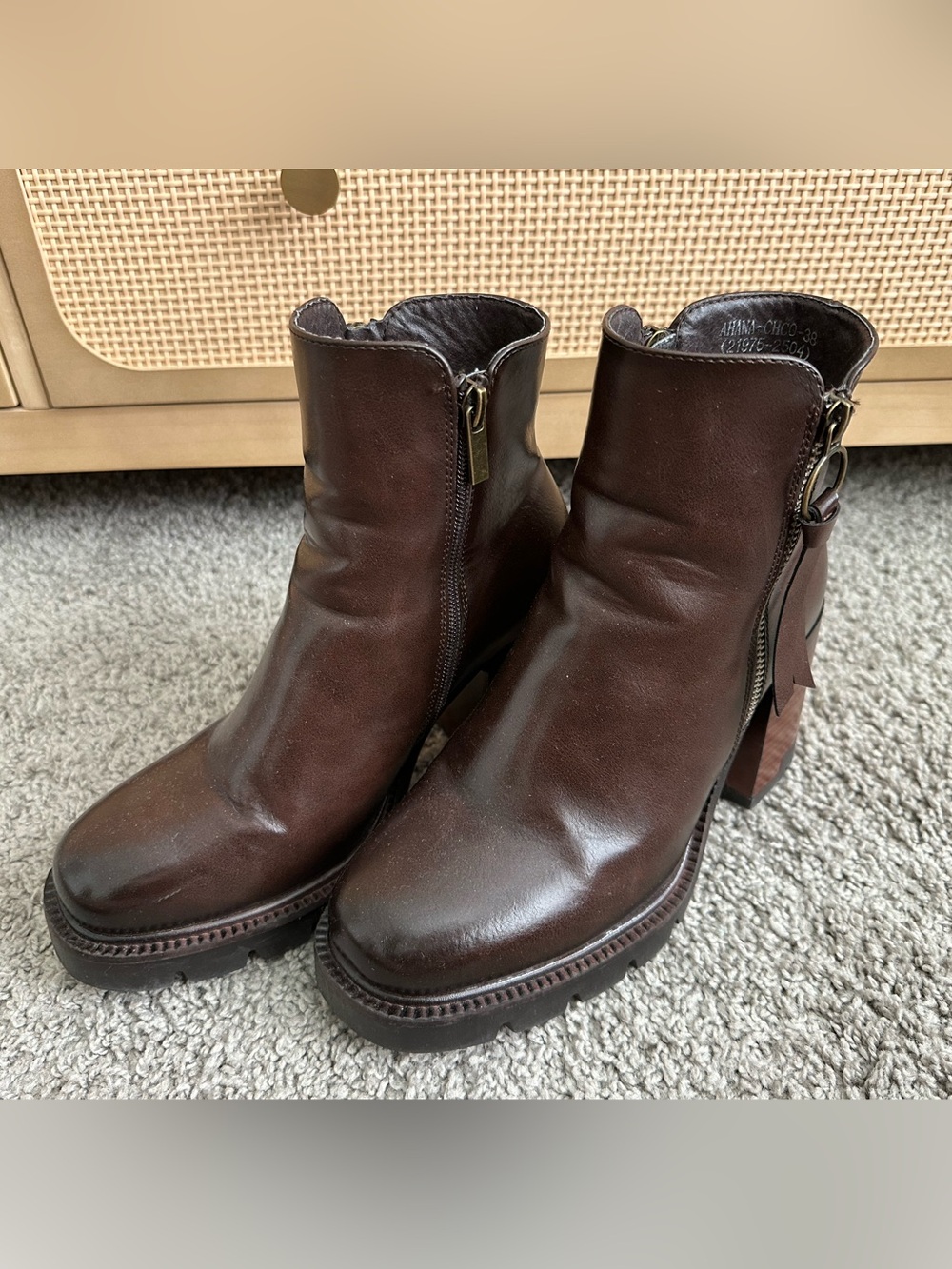Brown Leather Ankle Boots with Side Zip